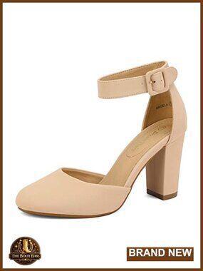 Chunky High Heel Pumps 3.3" Faux Leather Ankle Strap Block Heel